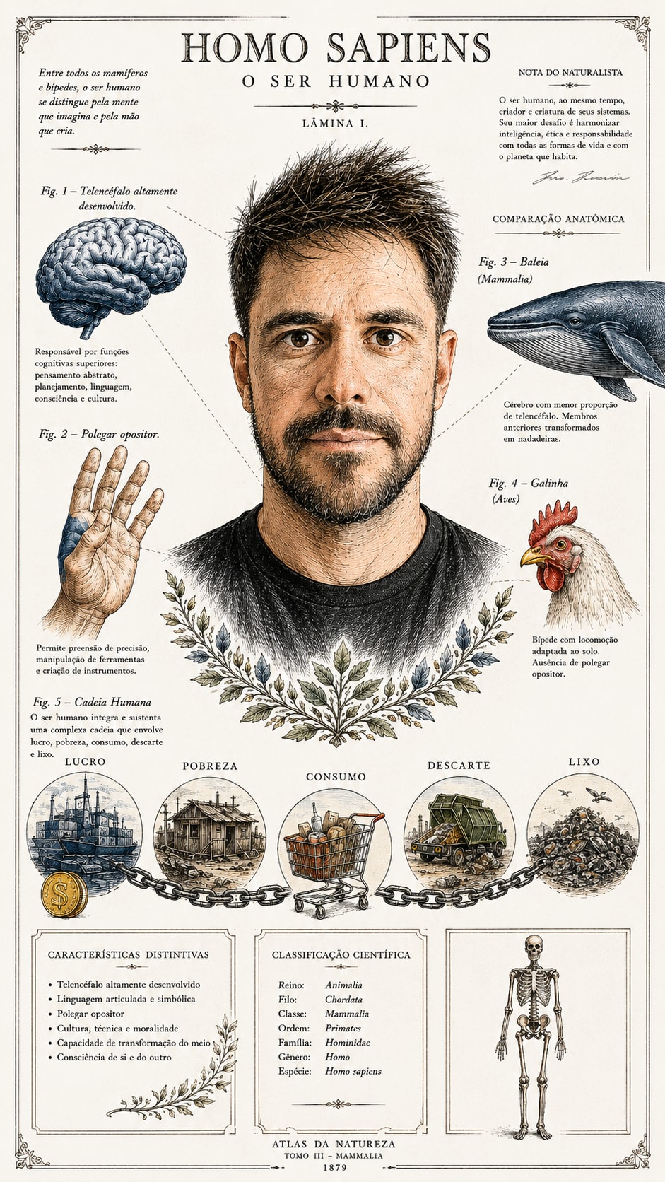 Lâmina naturalista do Homo sapiens: retrato central com cérebro, mão, baleia e galinha em comparação anatômica, a cadeia humana e a classificação científica.