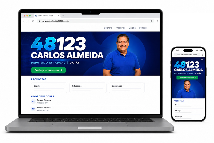 Site de campanha de Carlos Almeida no notebook e no celular