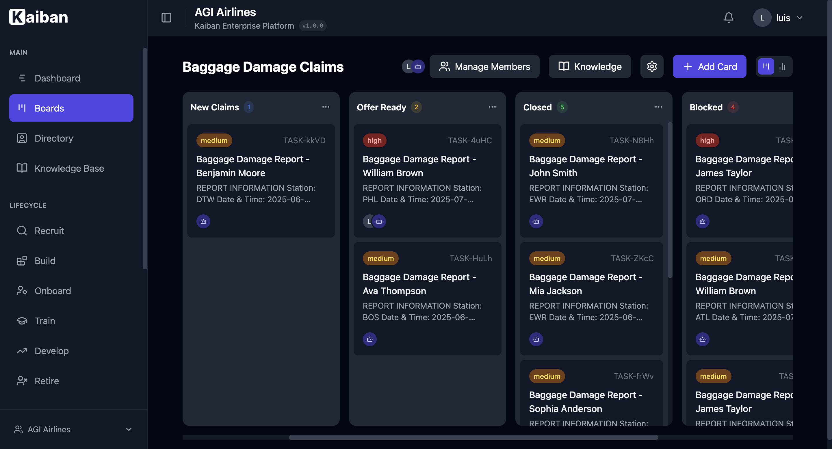 Screenshot of a Kaiban board showing columns, cards, and AI agents in action