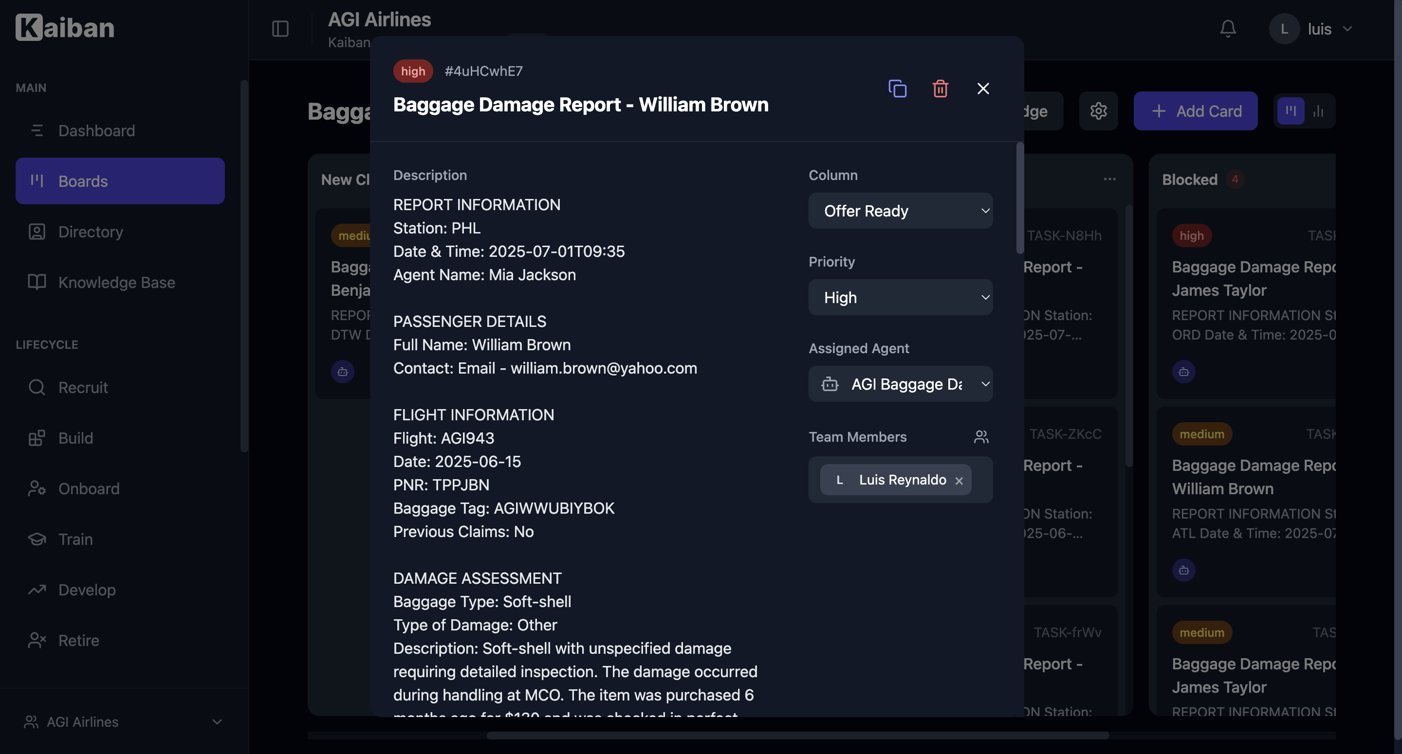 A Kaiban card expanded to show its details, assignments, and activity feed