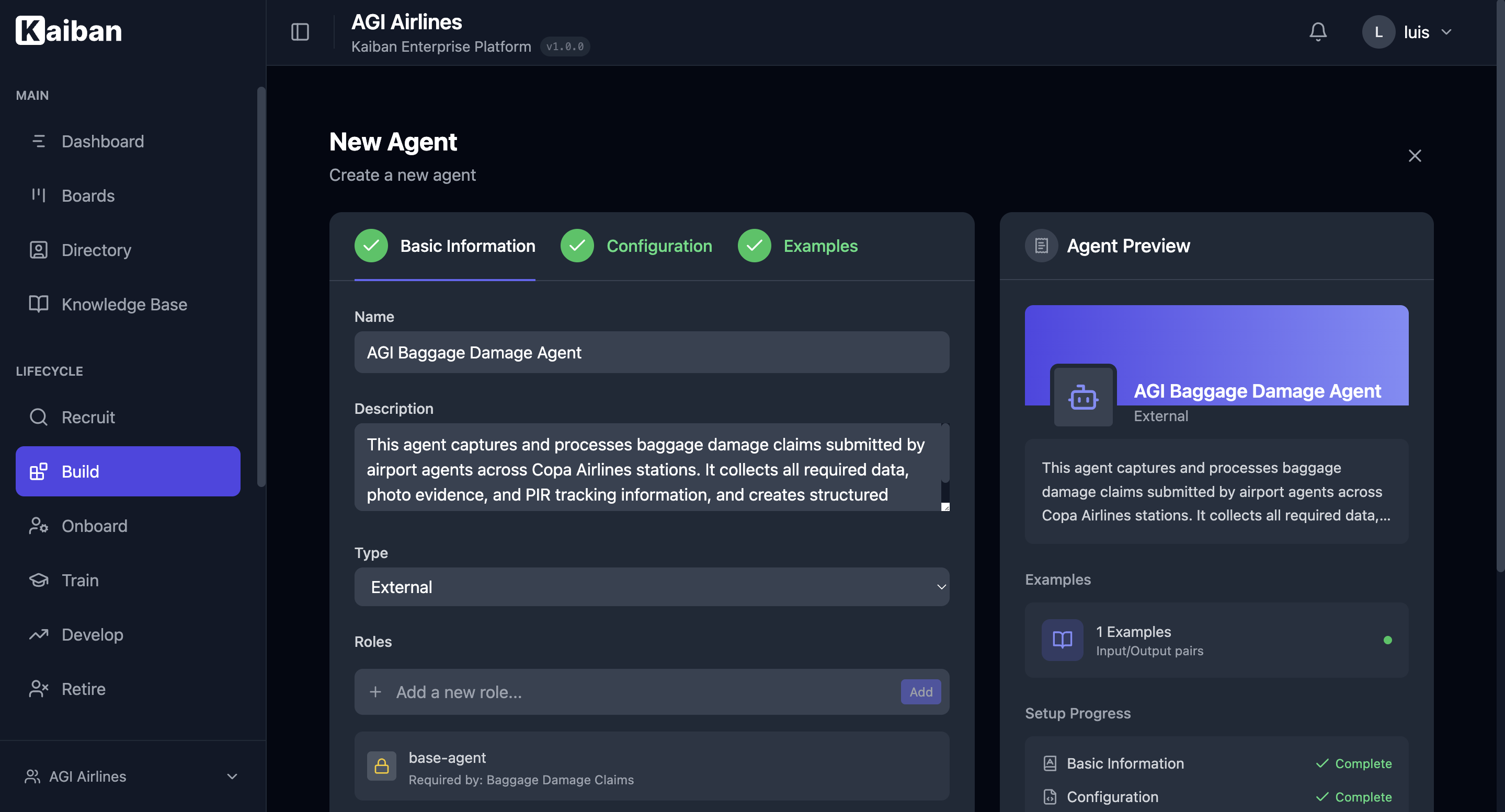 The agent creation interface showing the three-step process