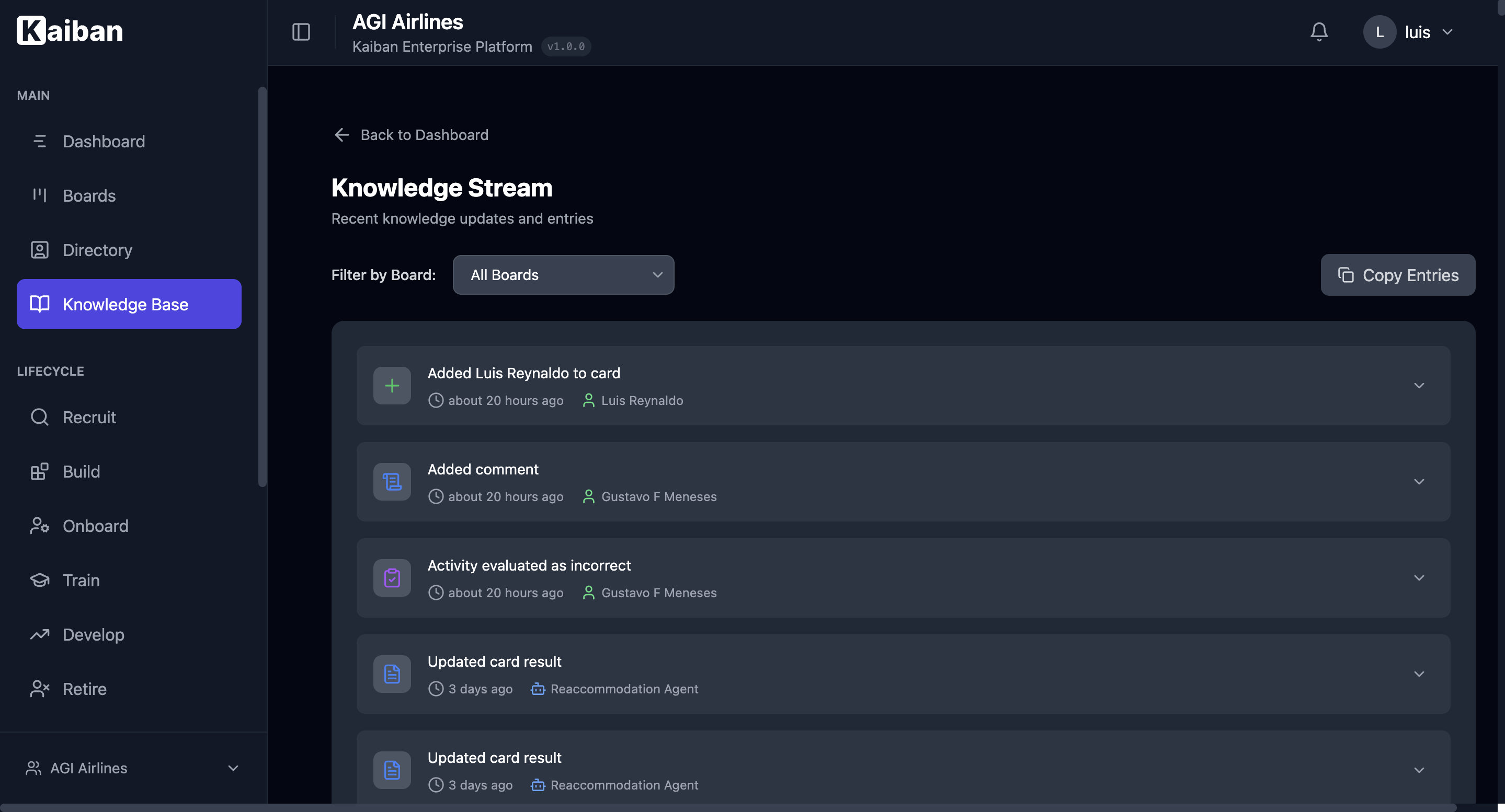 The Knowledge Stream interface showing activity feed and details