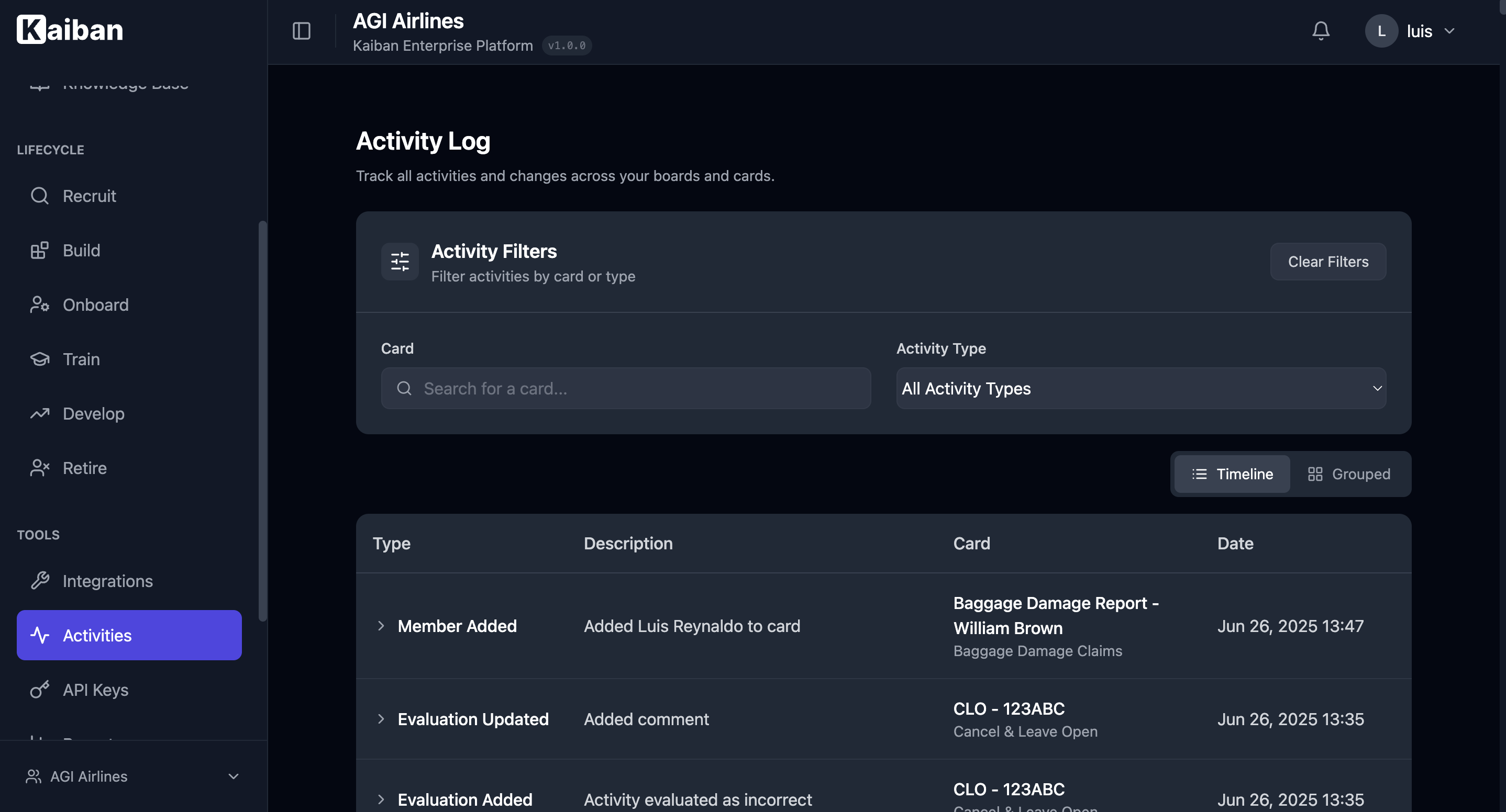 The activity monitoring interface showing Timeline and Grouped views