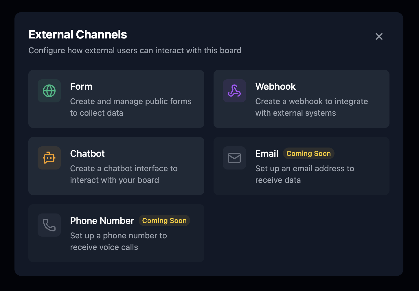 External Channels interface showing new chatbot integration options