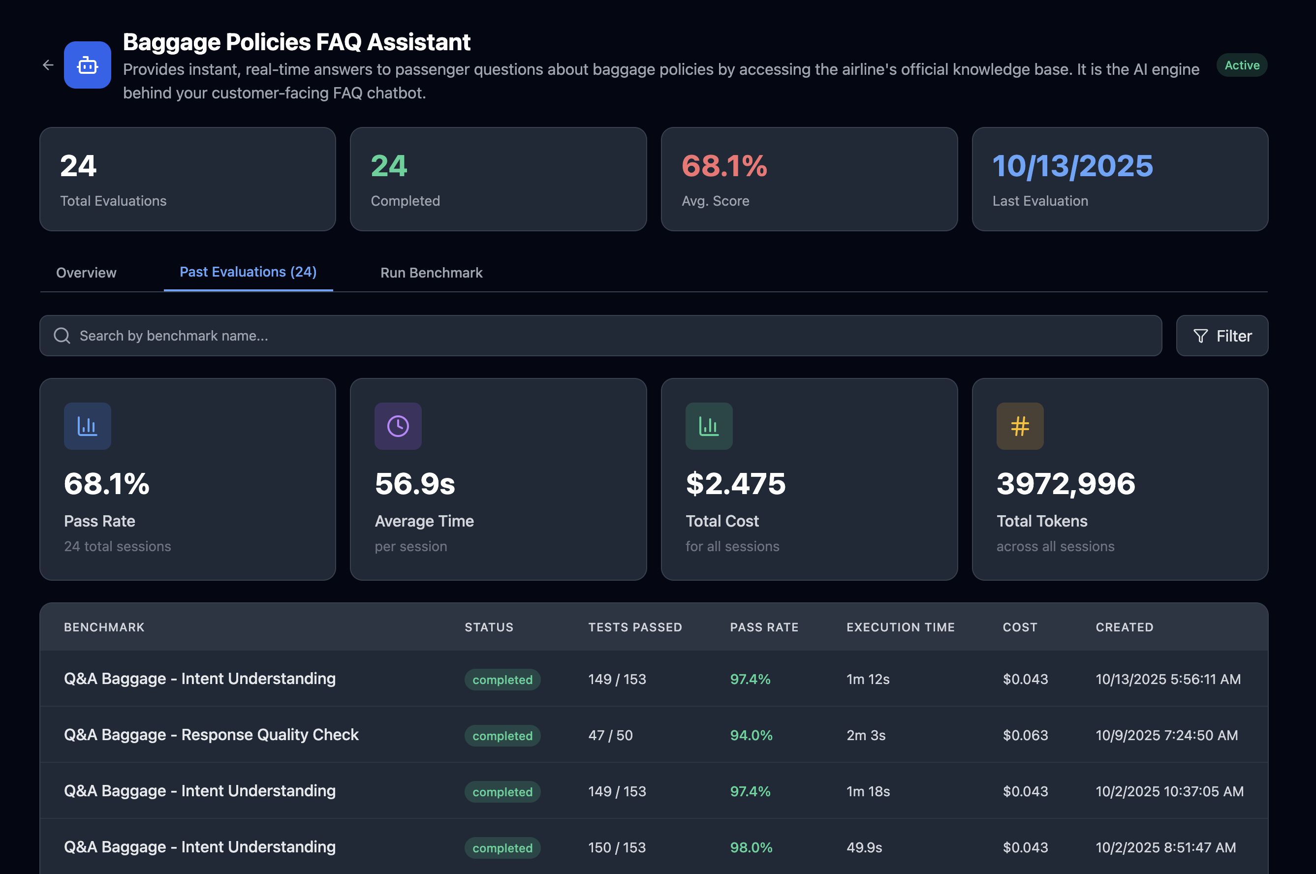 Training Center showing benchmark execution and performance metrics