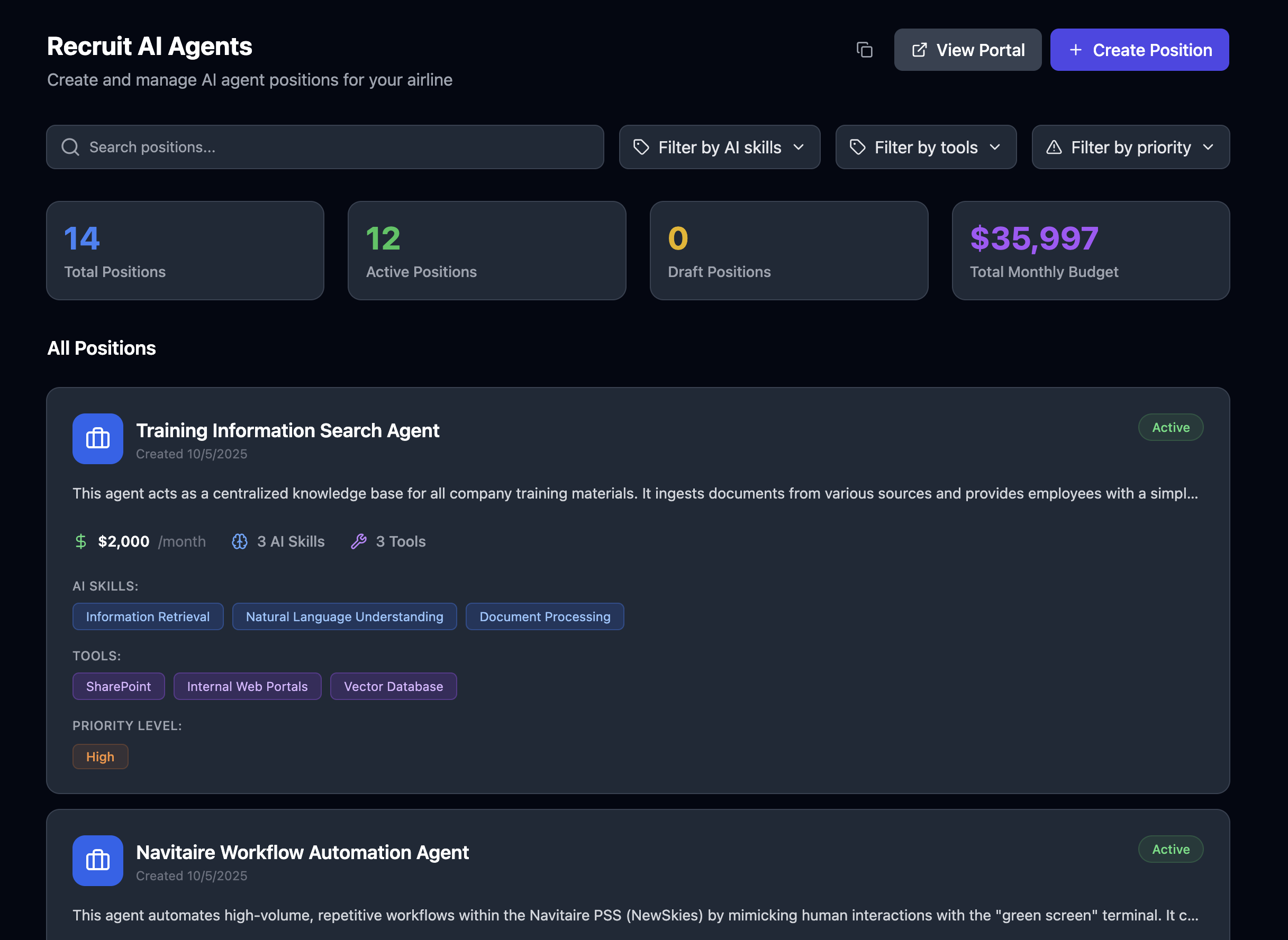 Recruit interface showing AI agent position creation and management