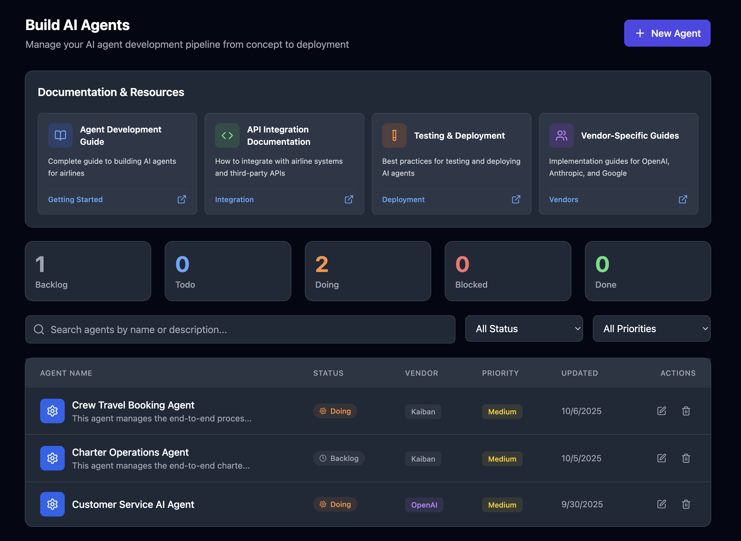 Build interface showing agent development pipeline with status tracking