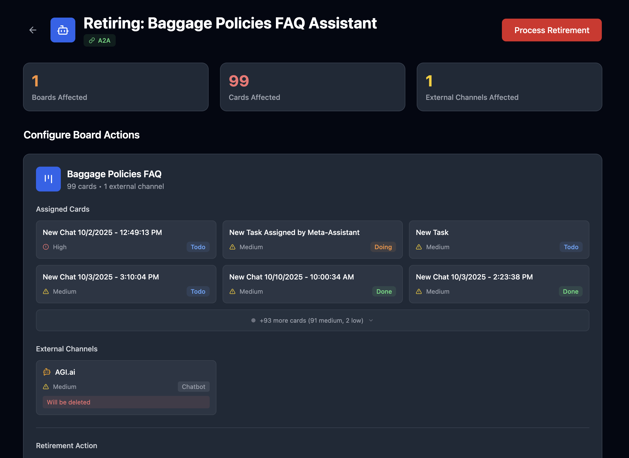 Retire interface showing agent retirement planning with impact analysis