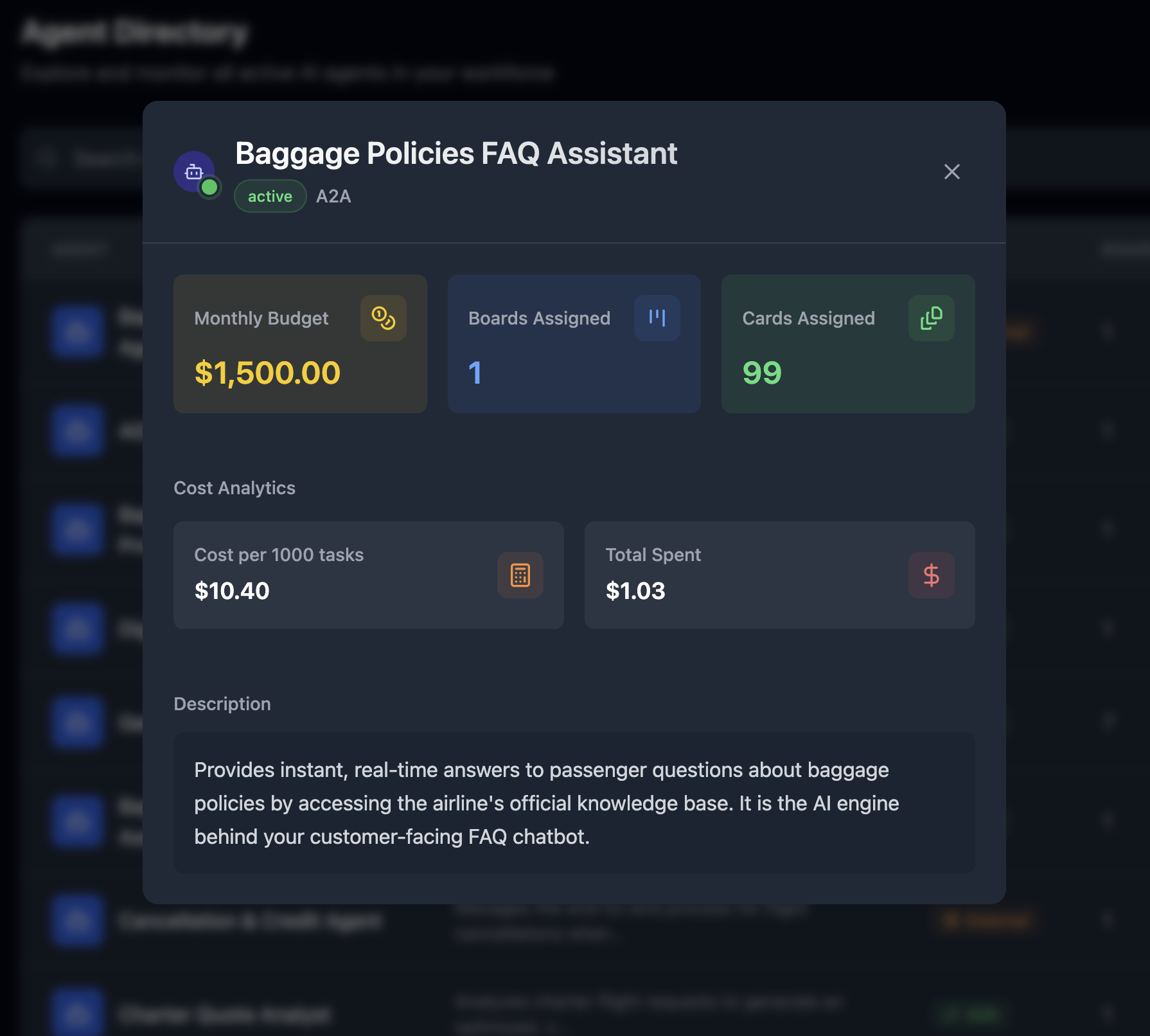 Agent Directory showing detailed performance metrics and cost analysis