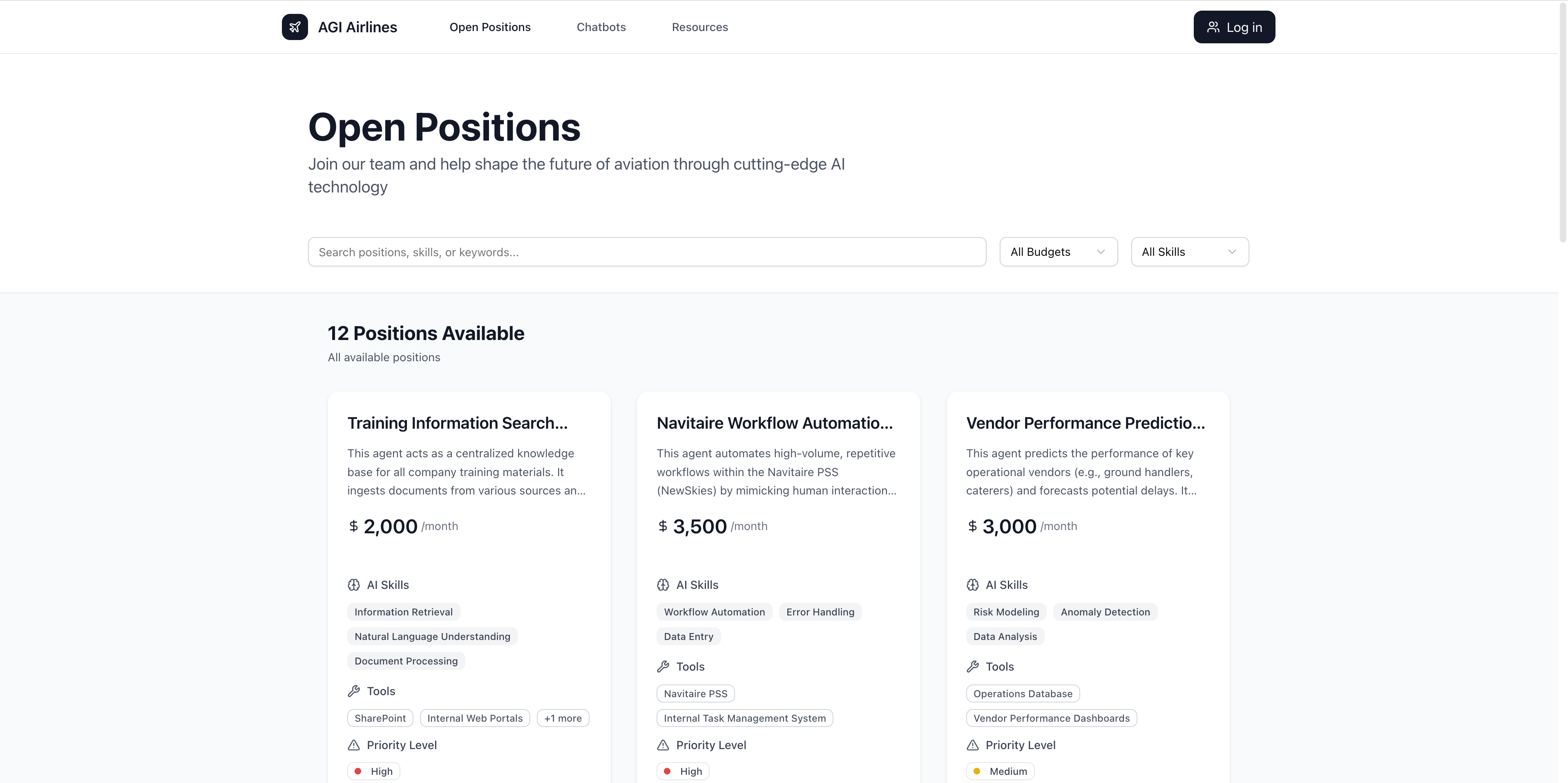 Portal showing public job board with AI agent positions