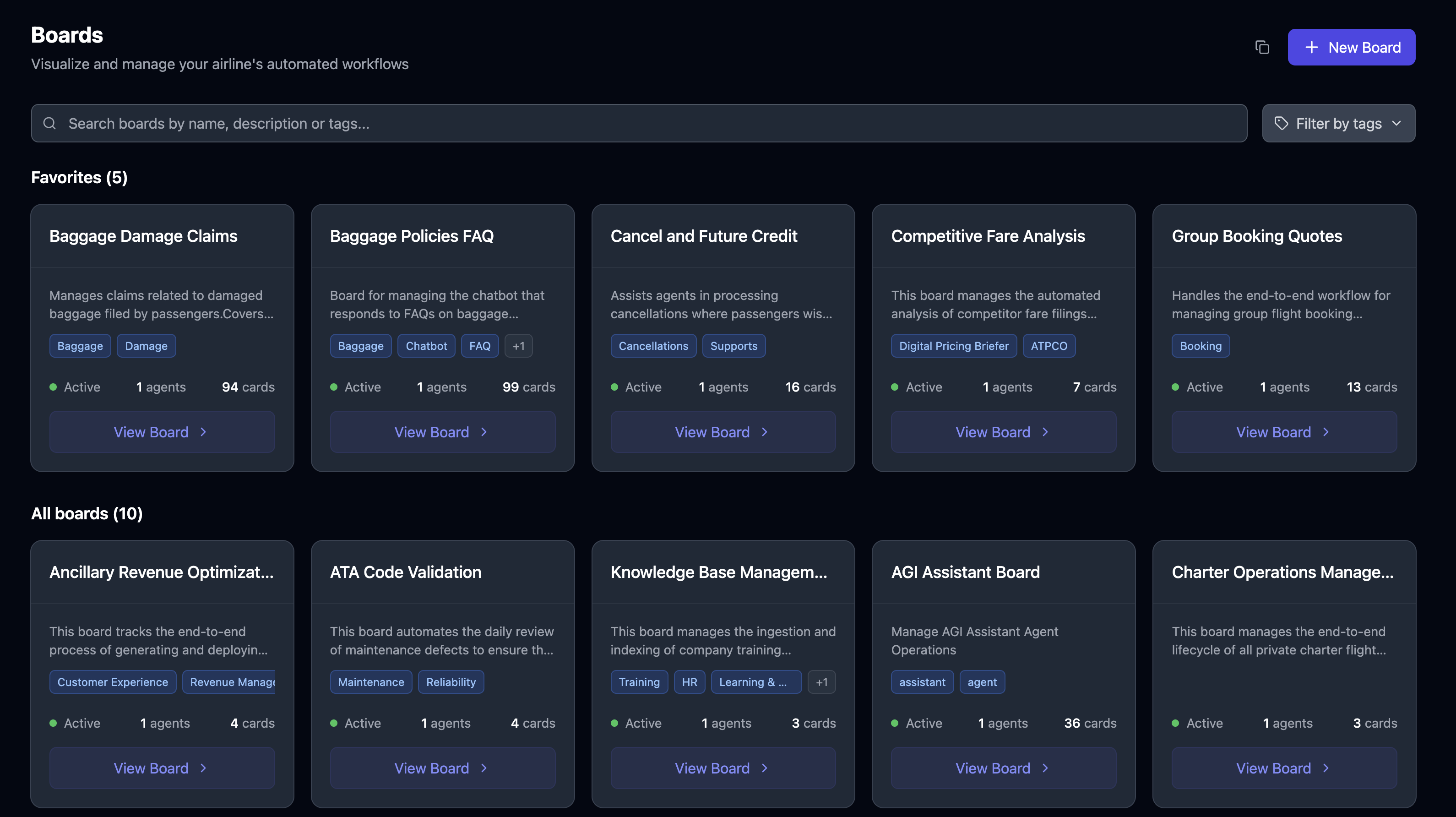 Advanced filtering interface showing search by name, description, and tags