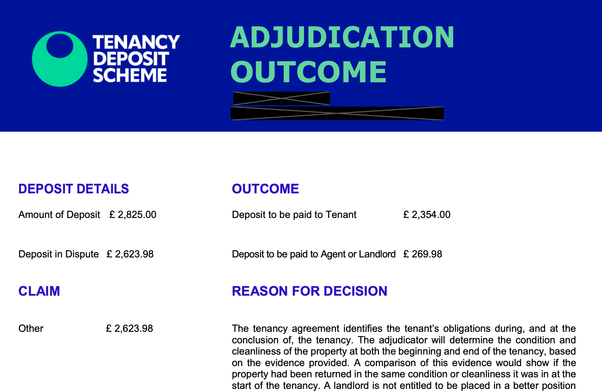 Official TDS outcome awarding £2,354 back to the tenant.