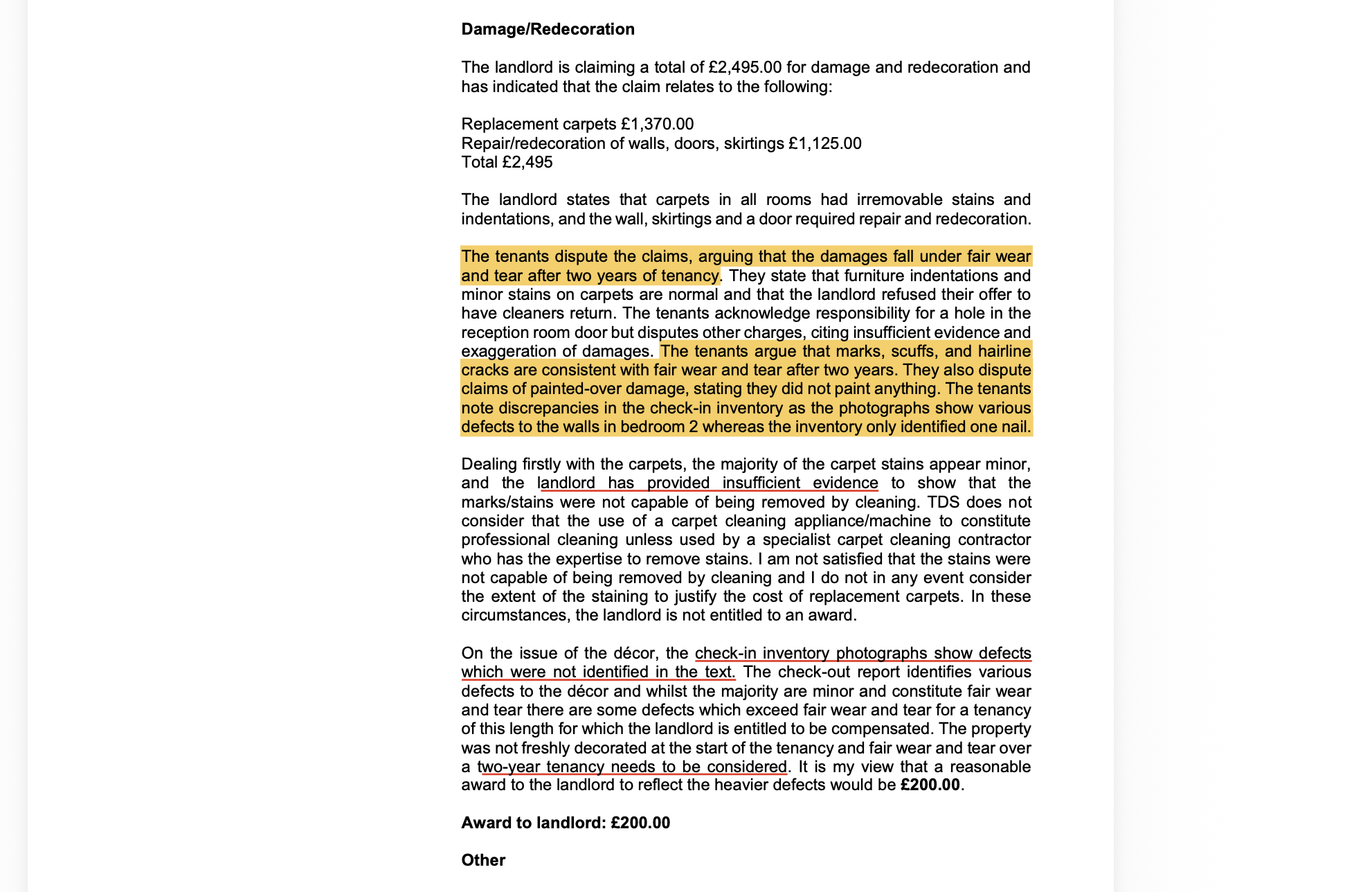 Detailed legal findings from the adjudicator.