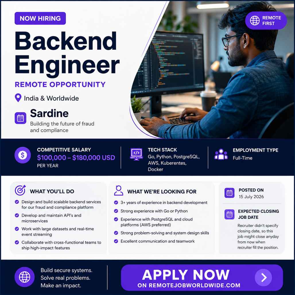 Sardine Is Hiring a Remote Software Backend Engineer - INR 3000000-5000000/year
