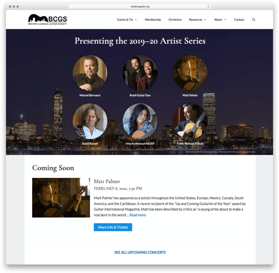 Screenshot of the Boston Classical Guitar Society site.