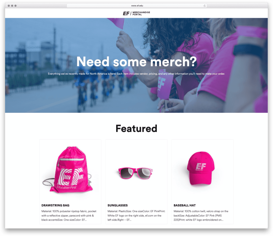 Screenshot of EF Education First Merch Portal