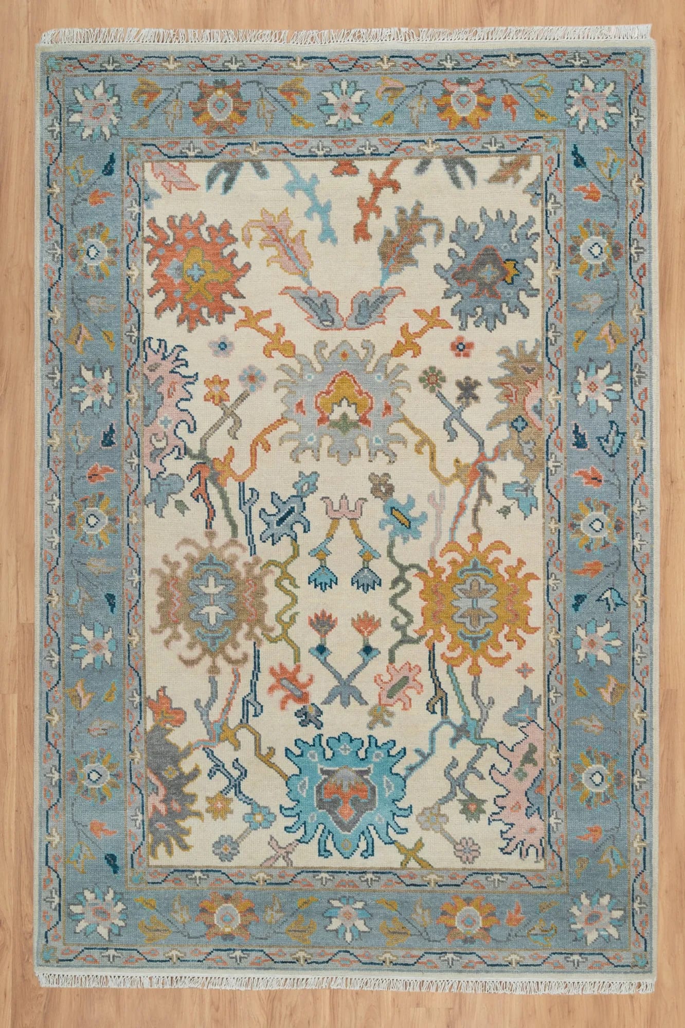 Handknotted Traditional Ivory and Blue Area Rug with Floral Medallion Design and Fringe Edges thumbnail 2