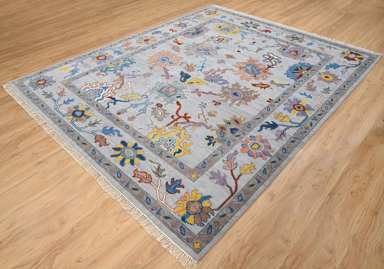 Handknotted Traditional Grey Oriental Area Rug with Multi-Color Floral Motifs & Decorative Border