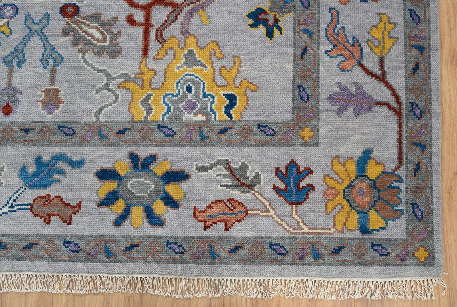 Handknotted Traditional Grey Oriental Area Rug with Multi-Color Floral Motifs & Decorative Border thumbnail 4