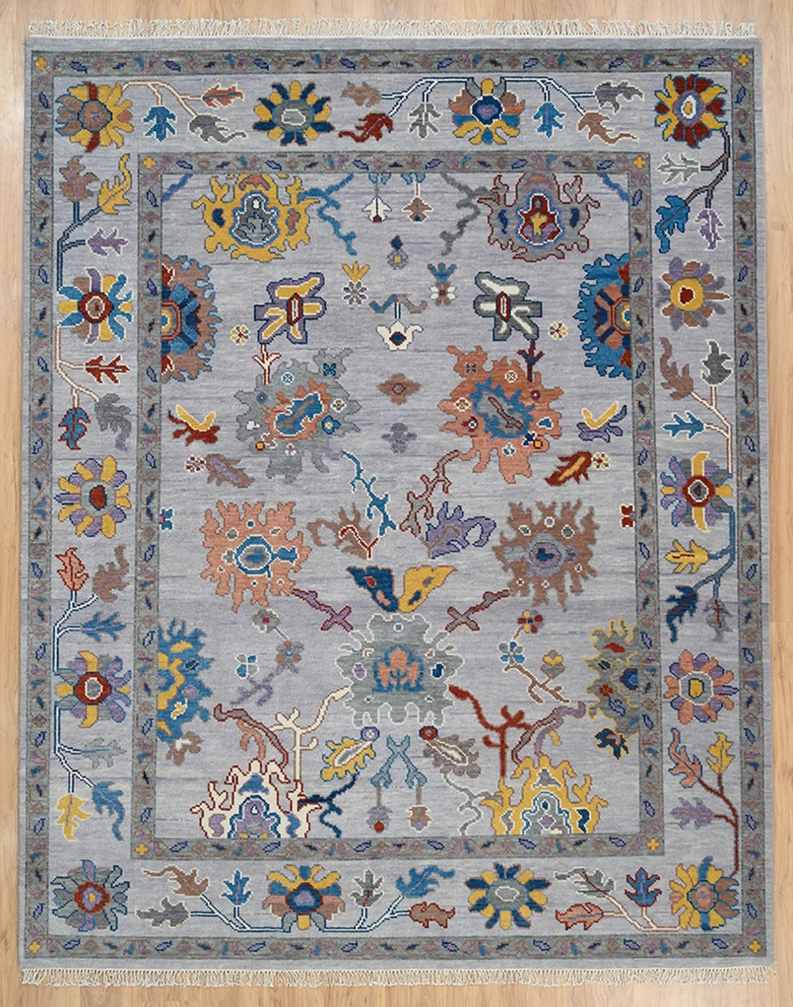 Handknotted Traditional Grey Oriental Area Rug with Multi-Color Floral Motifs & Decorative Border thumbnail 5