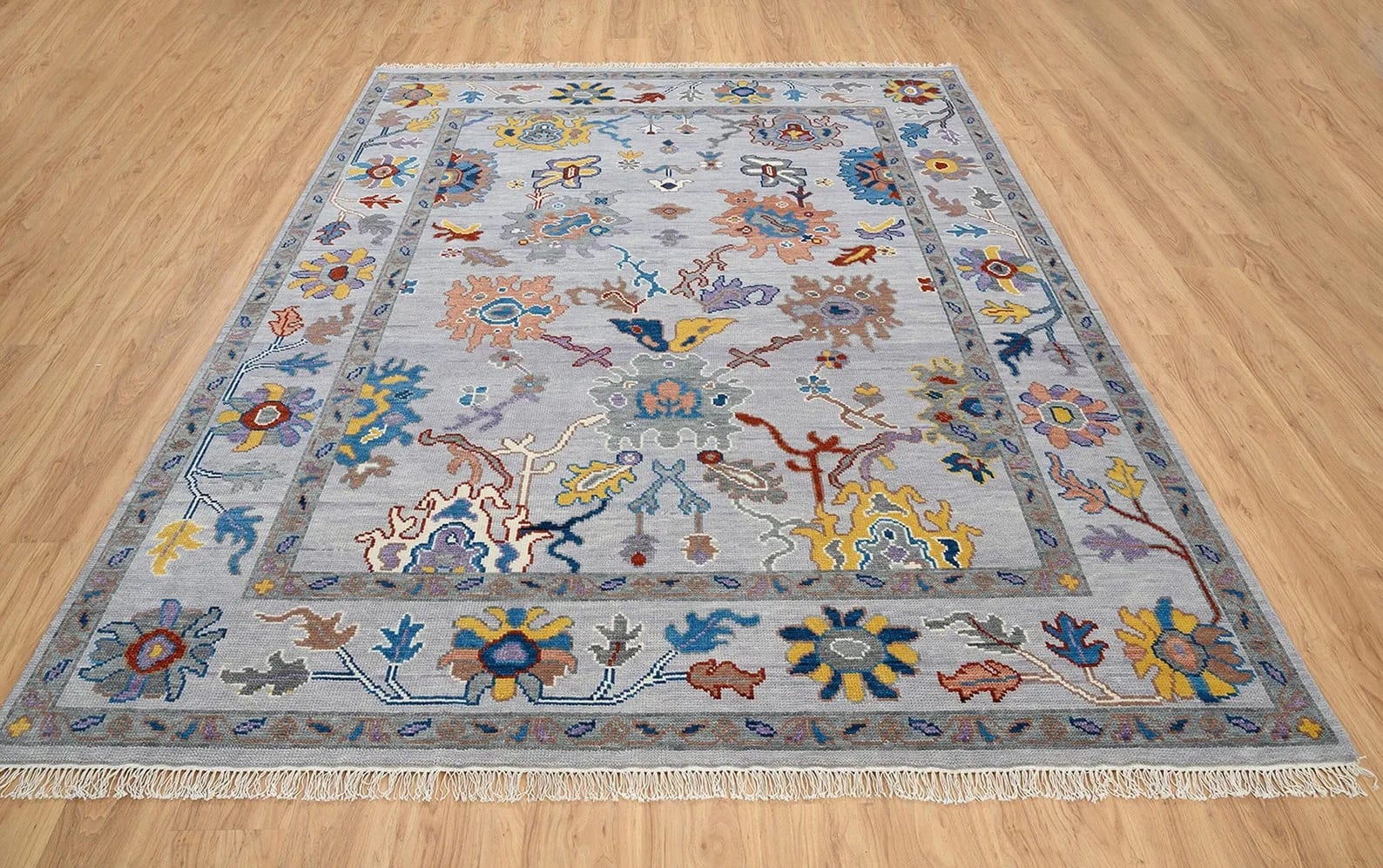 Handknotted Traditional Grey Oriental Area Rug with Multi-Color Floral Motifs & Decorative Border thumbnail 2