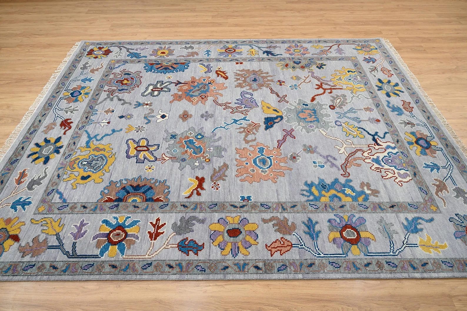 Handknotted Traditional Grey Oriental Area Rug with Multi-Color Floral Motifs & Decorative Border thumbnail 7