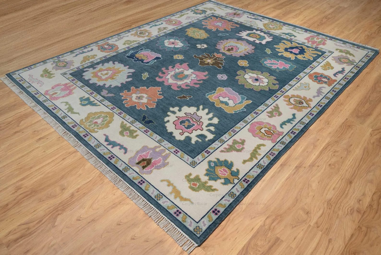 Handknotted Traditional Teal Blue Area Rug with Colorful Floral Medallions & Cream Border Fringe thumbnail 5
