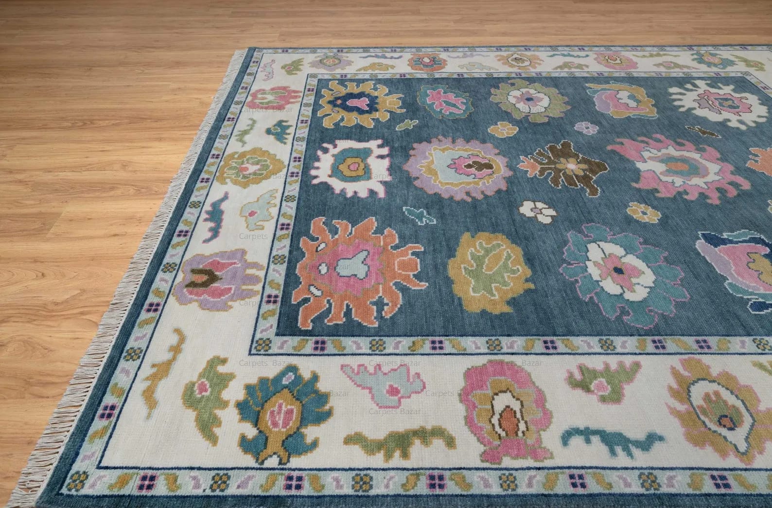 Handknotted Traditional Teal Blue Area Rug with Colorful Floral Medallions & Cream Border Fringe