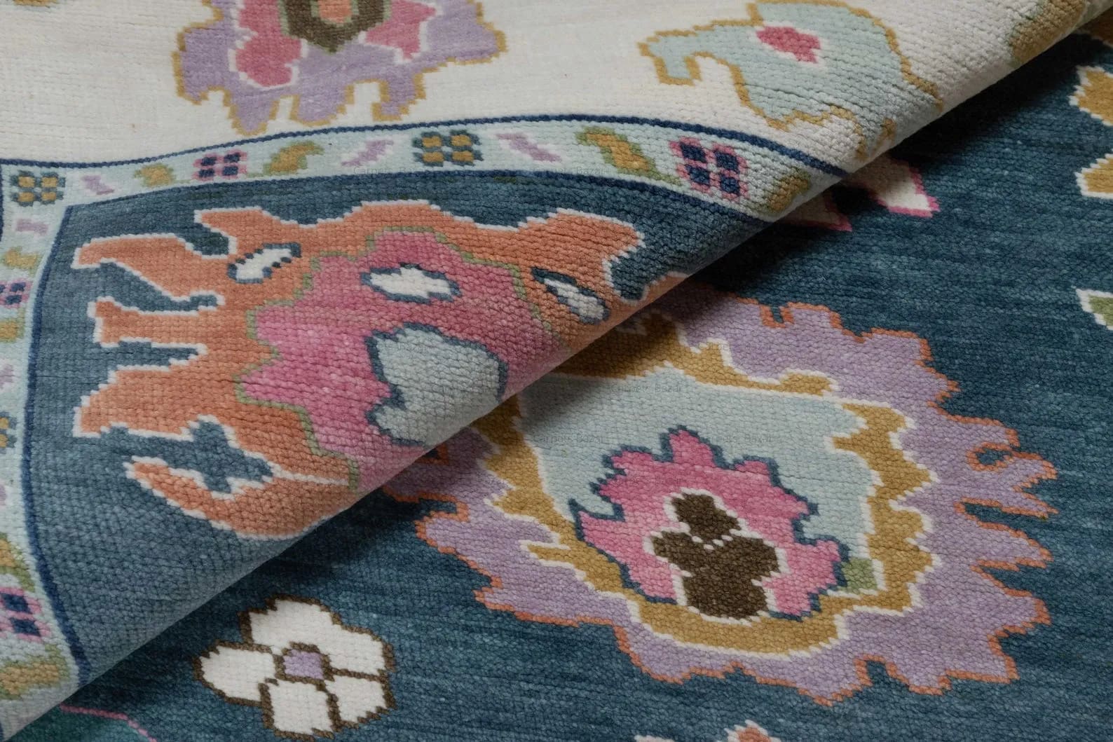 Handknotted Traditional Teal Blue Area Rug with Colorful Floral Medallions & Cream Border Fringe thumbnail 7