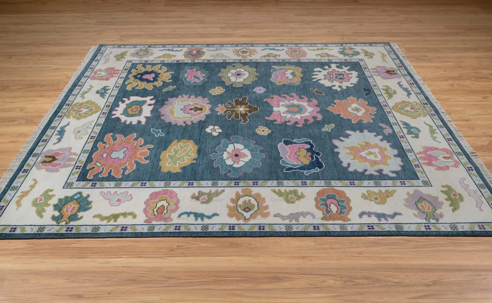 Handknotted Traditional Teal Blue Area Rug with Colorful Floral Medallions & Cream Border Fringe thumbnail 3