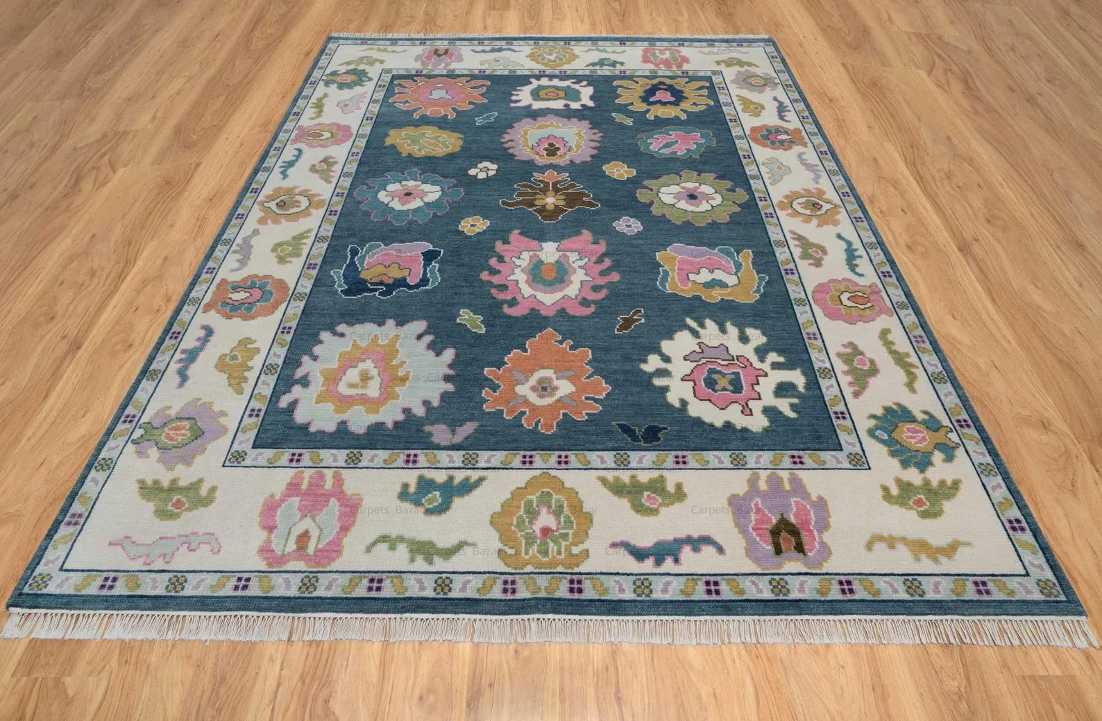 Handknotted Traditional Teal Blue Area Rug with Colorful Floral Medallions & Cream Border Fringe thumbnail 6