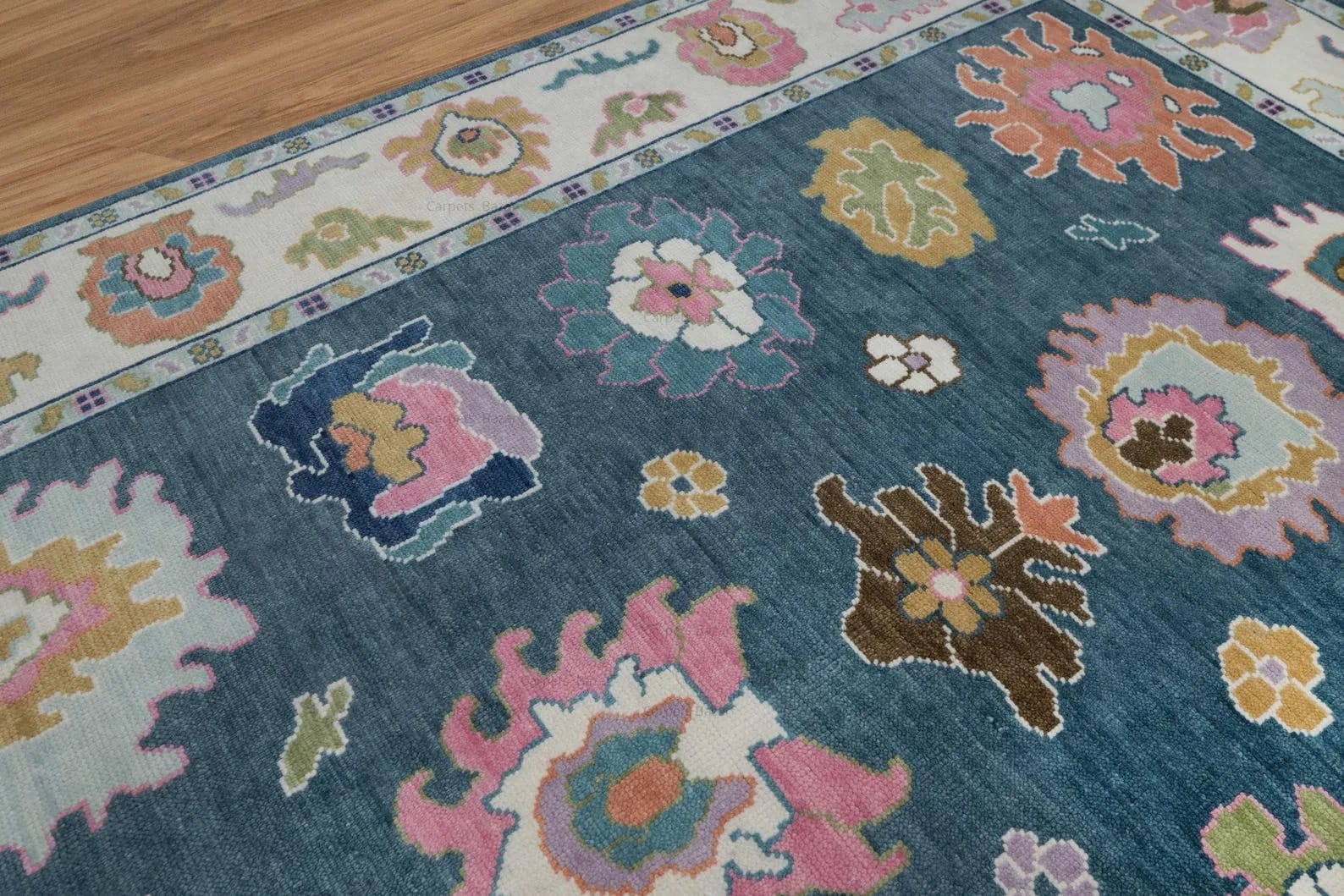 Handknotted Traditional Teal Blue Area Rug with Colorful Floral Medallions & Cream Border Fringe thumbnail 2