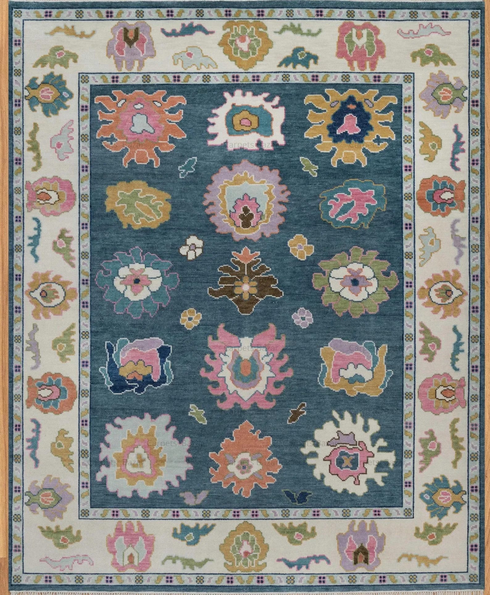 Handknotted Traditional Teal Blue Area Rug with Colorful Floral Medallions & Cream Border Fringe thumbnail 4