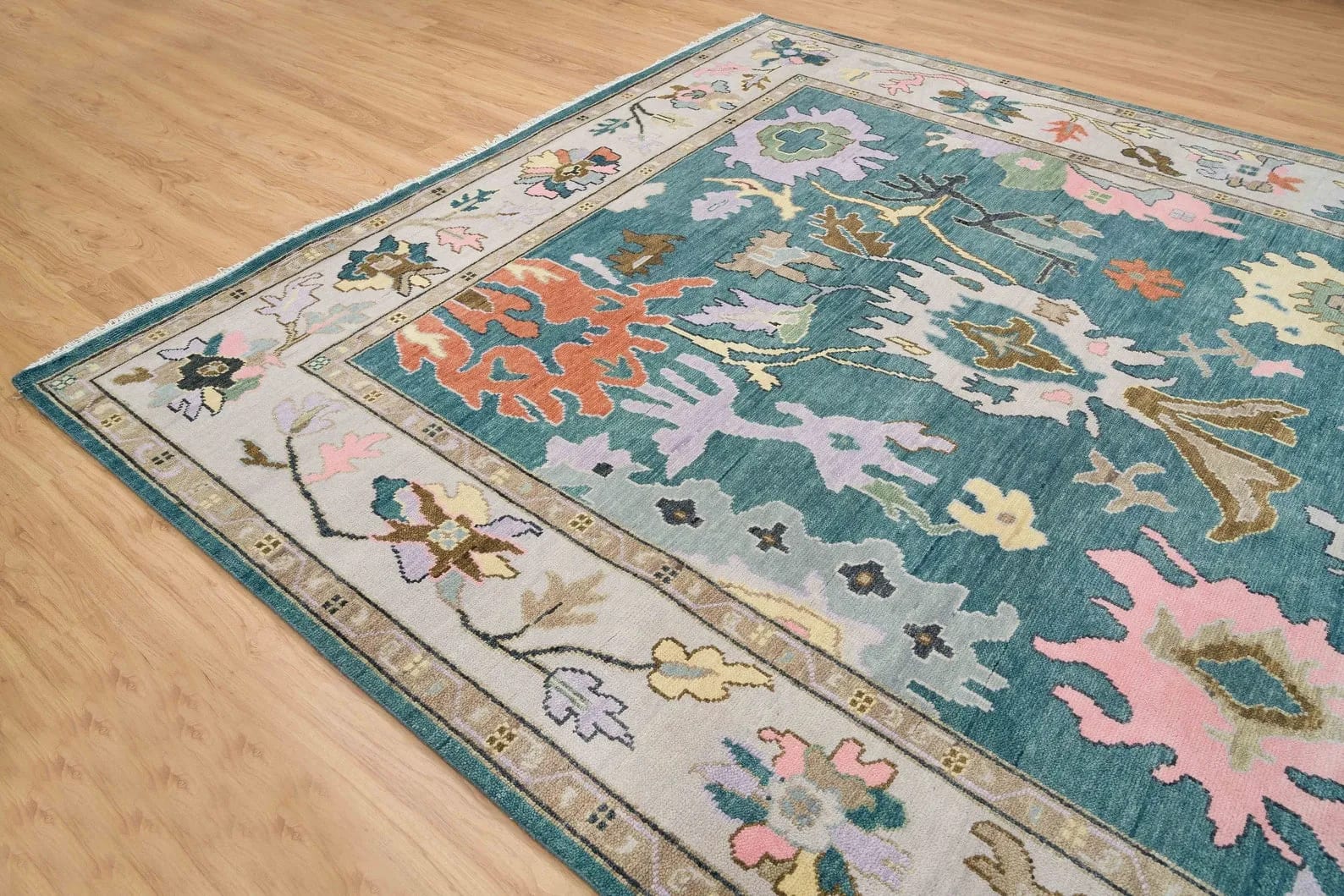 Handknotted Traditional Teal Blue Area Rug with Floral Medallion Motifs and Grey Border Fringe thumbnail 2
