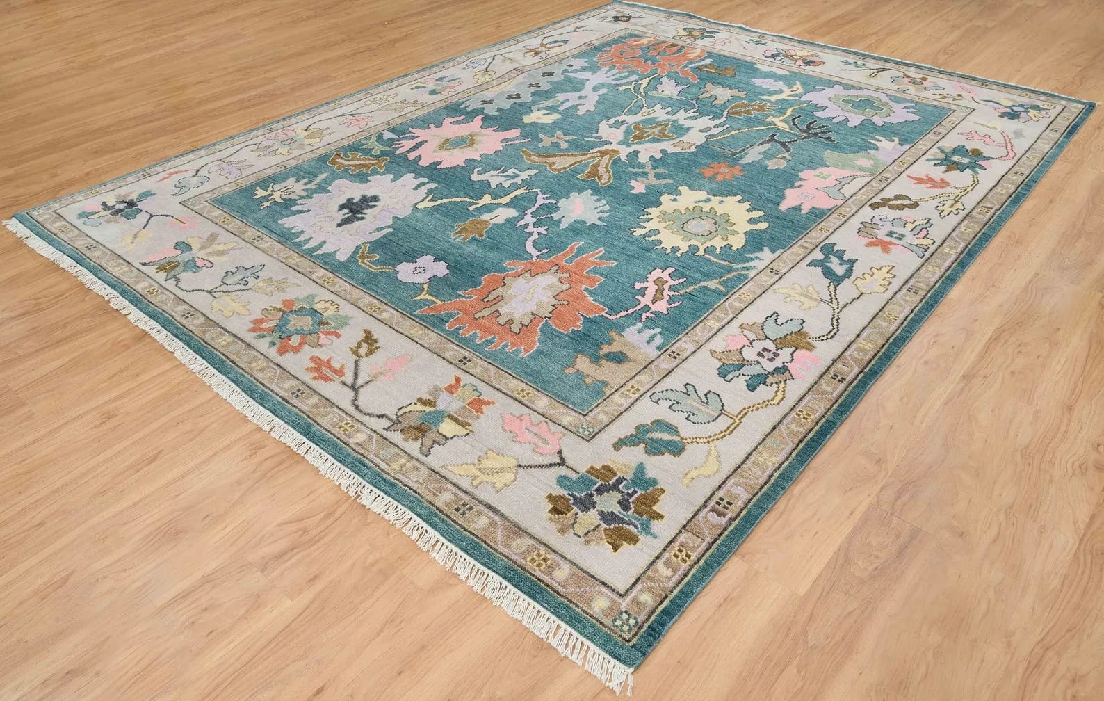Handknotted Traditional Teal Blue Area Rug with Floral Medallion Motifs and Grey Border Fringe