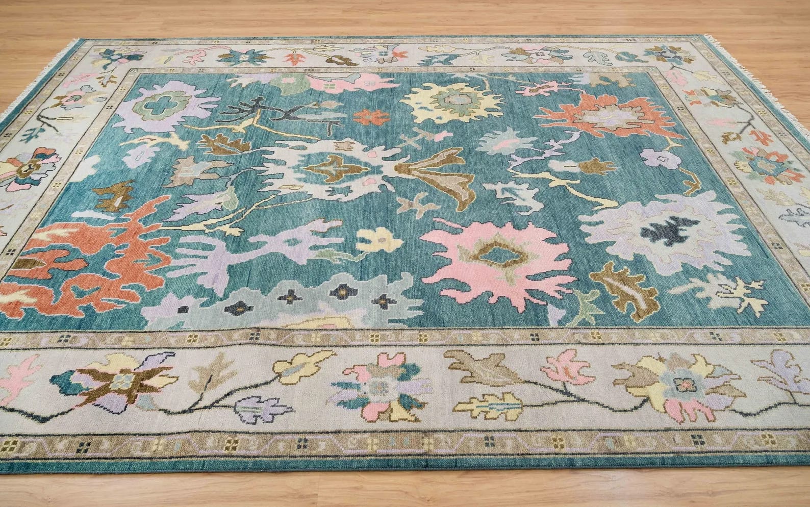 Handknotted Traditional Teal Blue Area Rug with Floral Medallion Motifs and Grey Border Fringe thumbnail 4