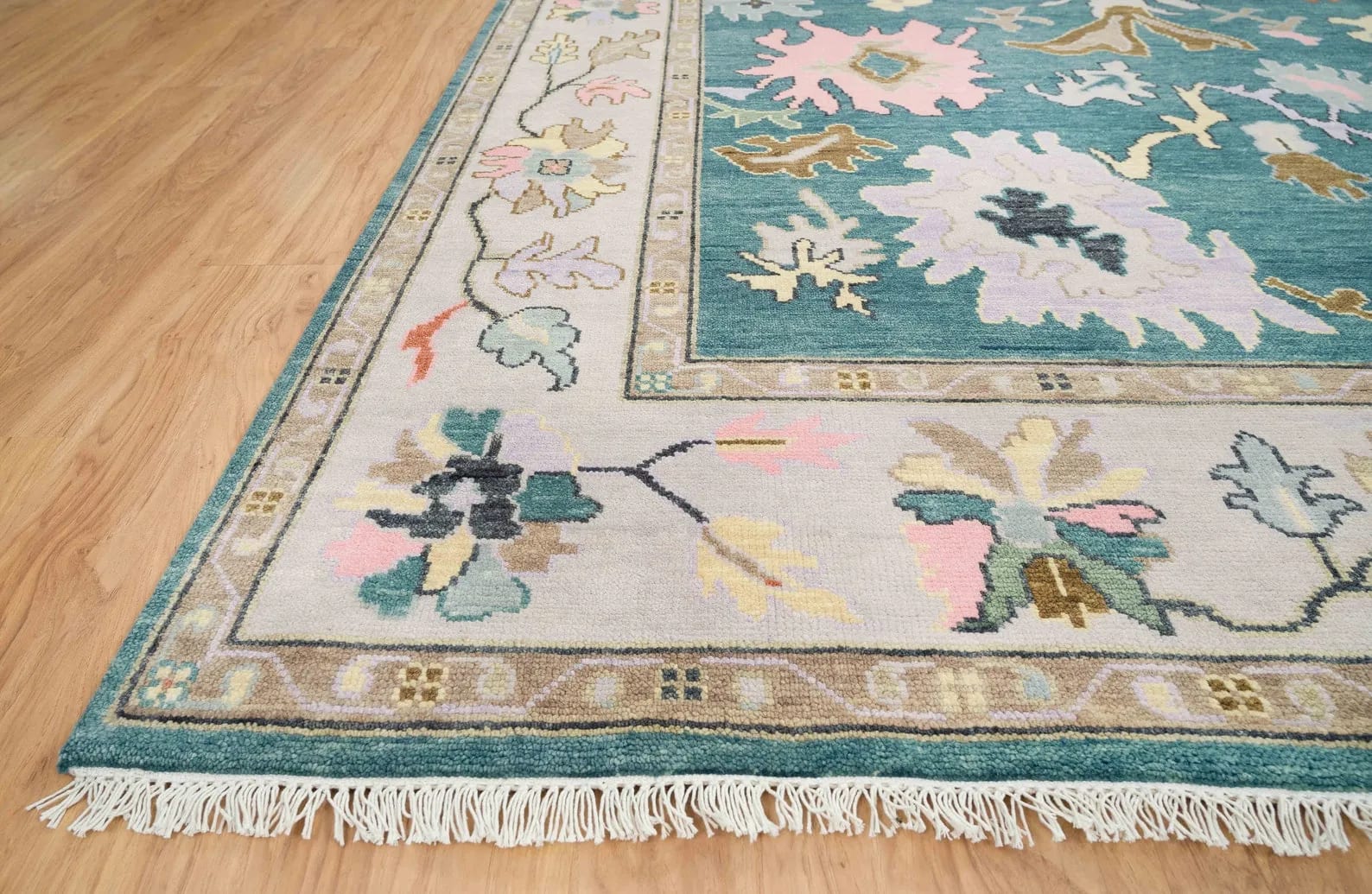 Handknotted Traditional Teal Blue Area Rug with Colorful Floral Medallions & Cream Border Fringe thumbnail 3