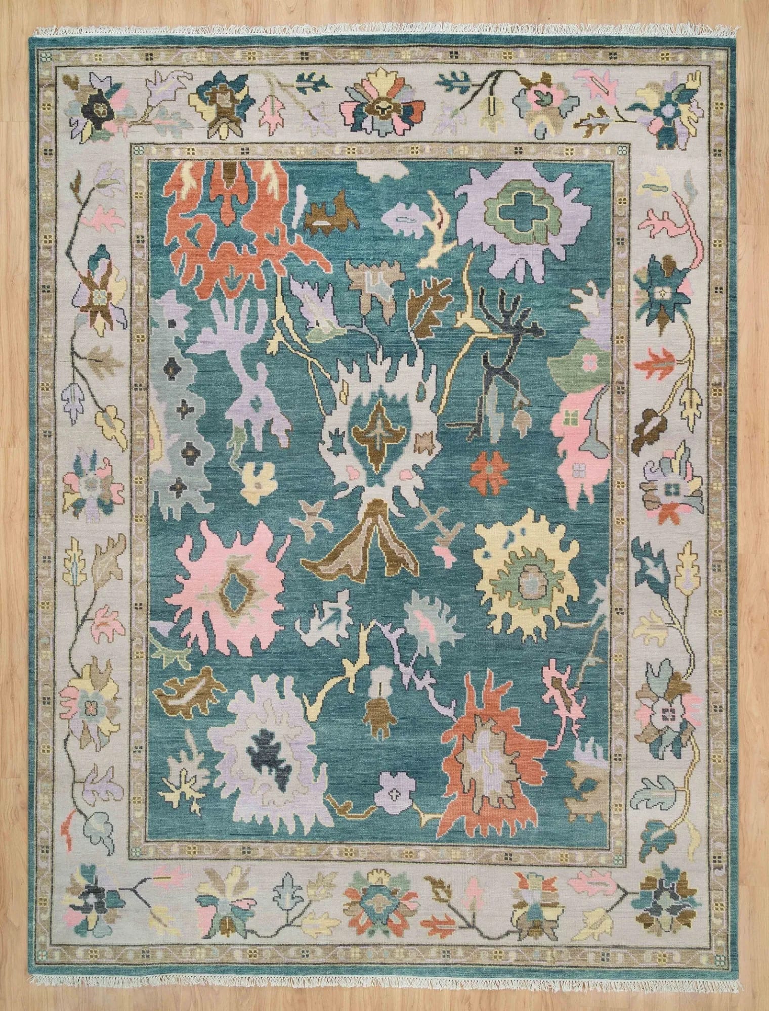 Handknotted Traditional Teal Blue Area Rug with Colorful Floral Medallions & Cream Border Fringe thumbnail 7