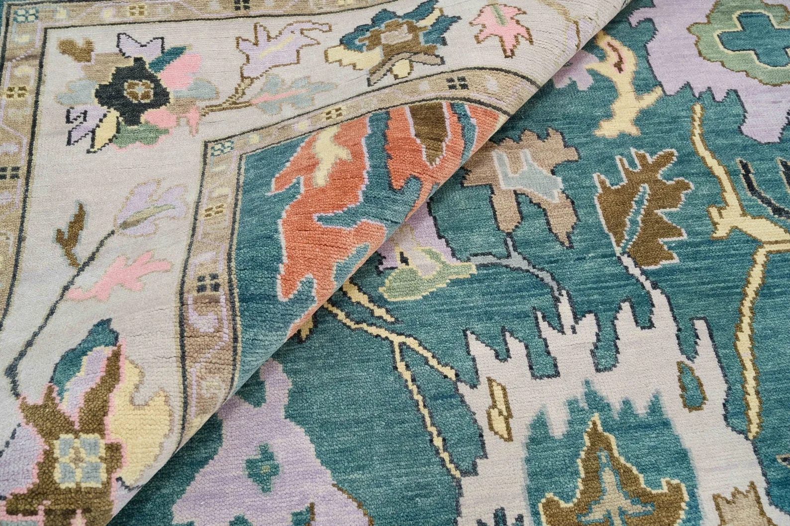 Handknotted Traditional Teal Blue Area Rug with Colorful Floral Medallions & Cream Border Fringe