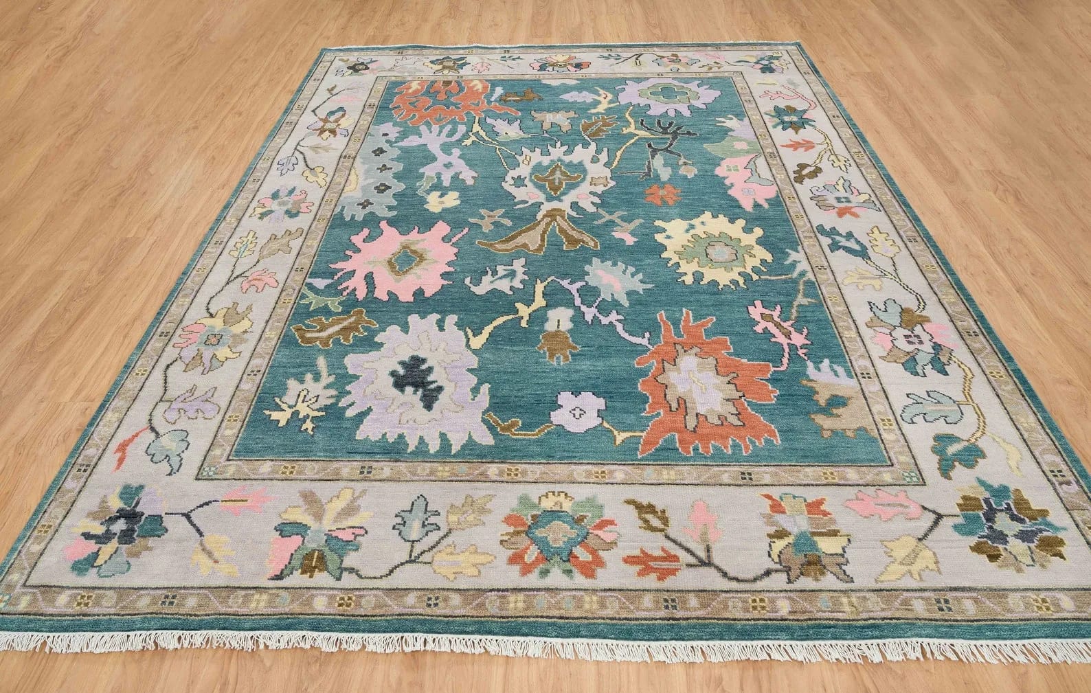 Handknotted Traditional Teal Blue Area Rug with Colorful Floral Medallions & Cream Border Fringe thumbnail 6