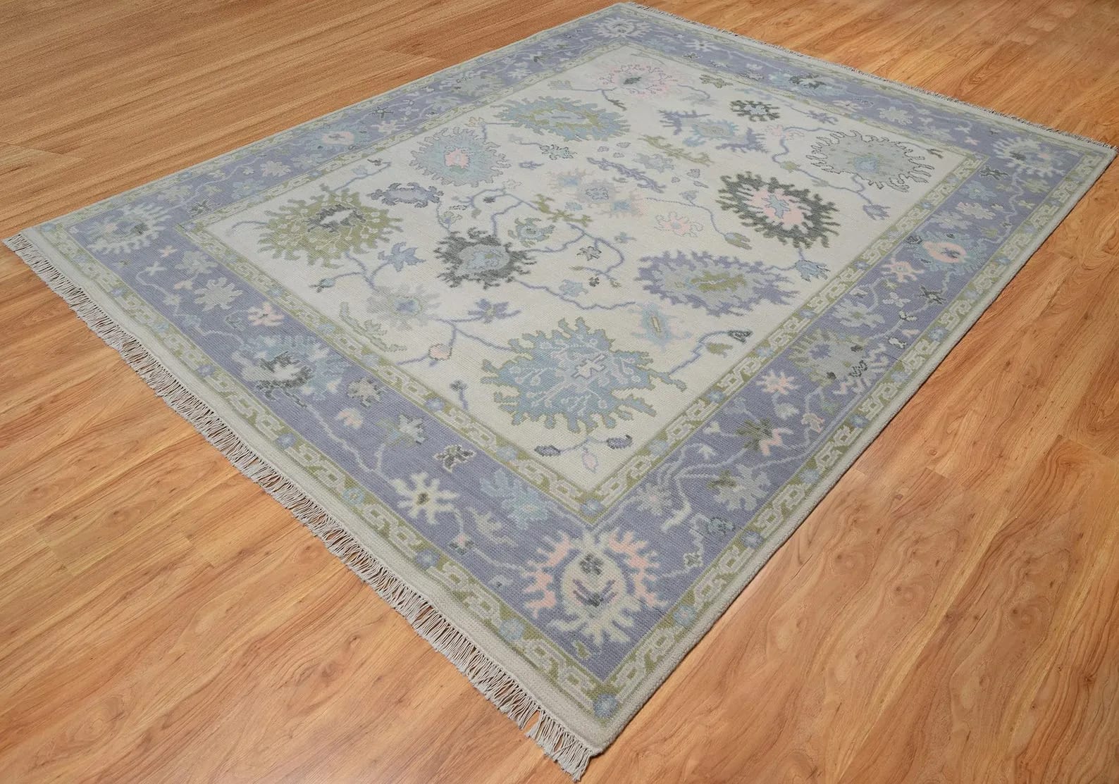 Handknotted Traditional Off-White and Soft Blue Area Rug with Pastel Floral Motifs & Fringe thumbnail 5