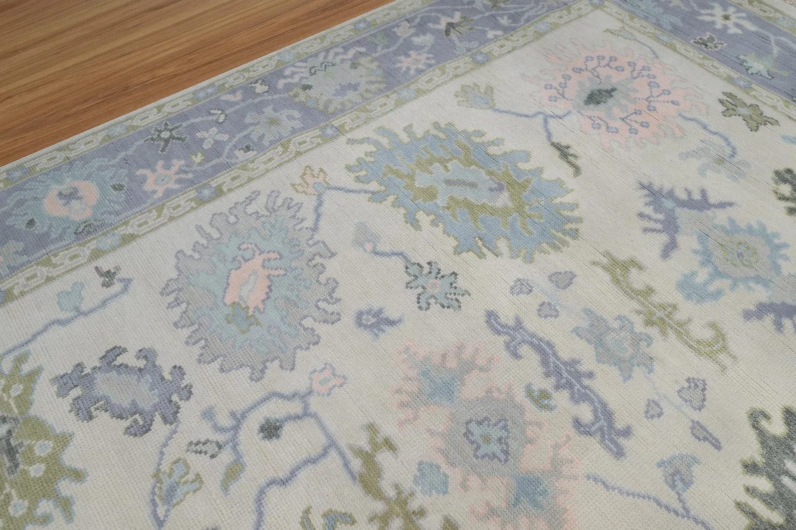 Handknotted Traditional Off-White and Soft Blue Area Rug with Pastel Floral Motifs & Fringe thumbnail 7