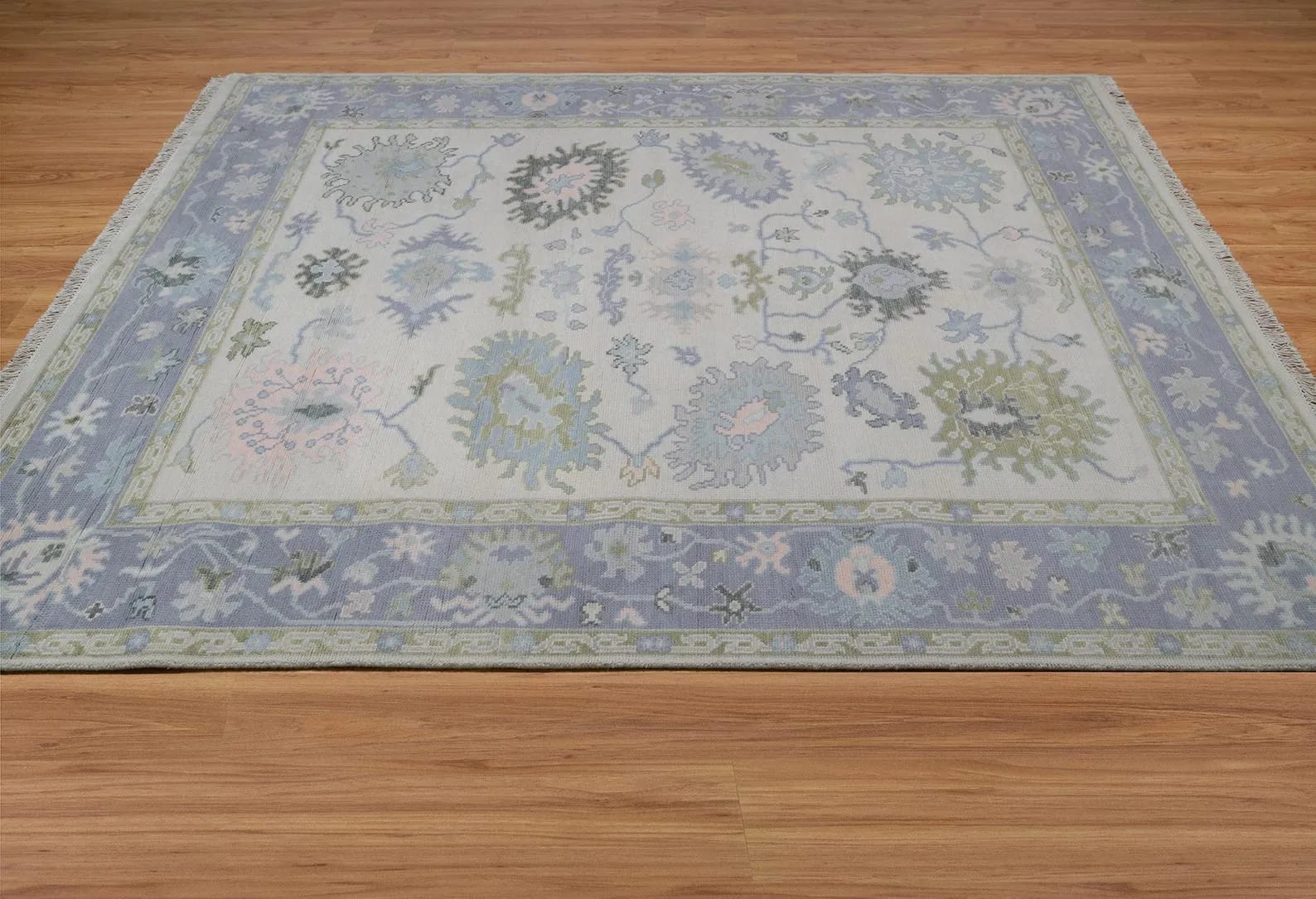 Handknotted Traditional Off-White and Soft Blue Area Rug with Pastel Floral Motifs & Fringe