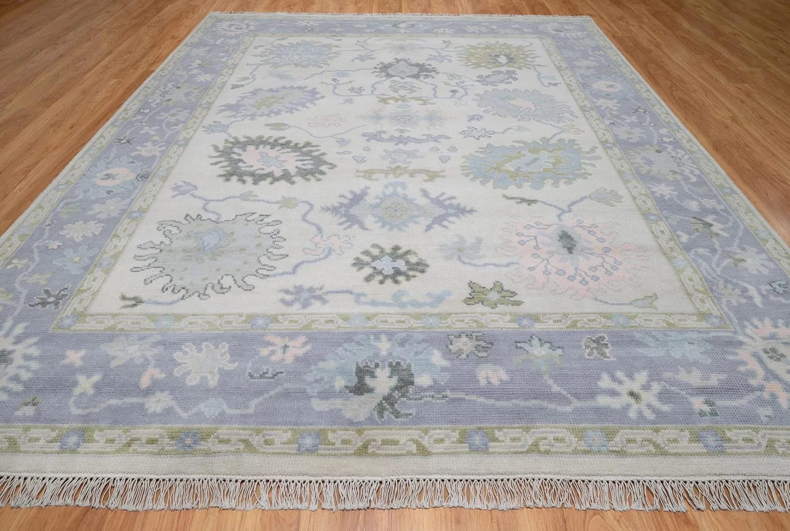 Handknotted Traditional Off-White and Soft Blue Area Rug with Pastel Floral Motifs & Fringe thumbnail 4