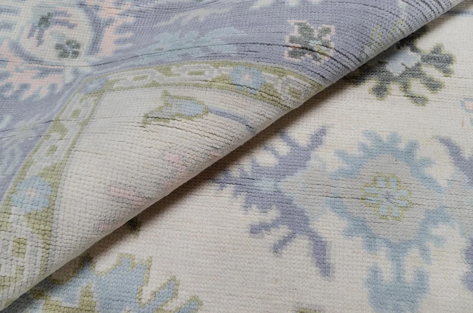 Handknotted Traditional Off-White and Soft Blue Area Rug with Pastel Floral Motifs & Fringe thumbnail 3