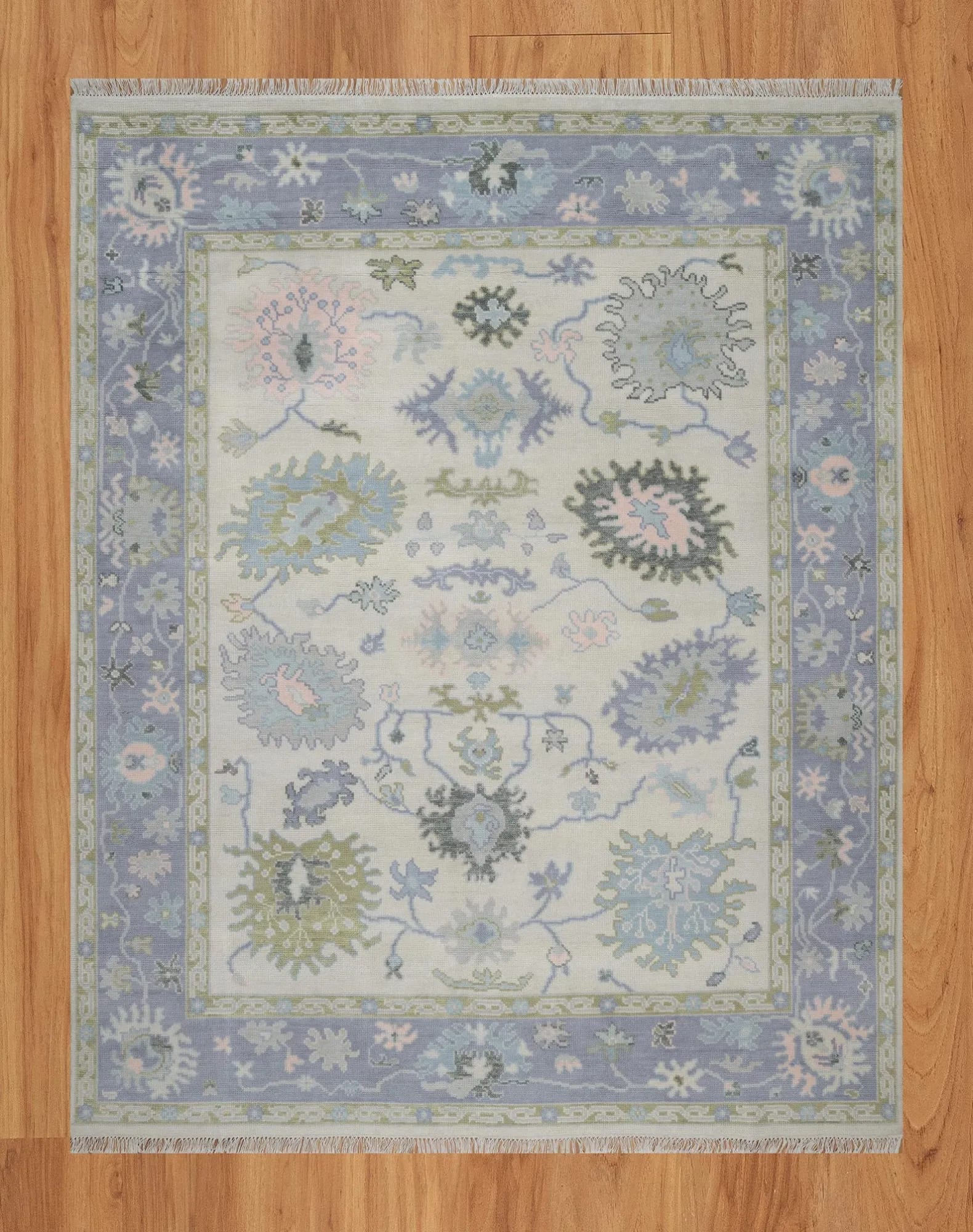 Handknotted Traditional Off-White and Soft Blue Area Rug with Pastel Floral Motifs & Fringe thumbnail 2