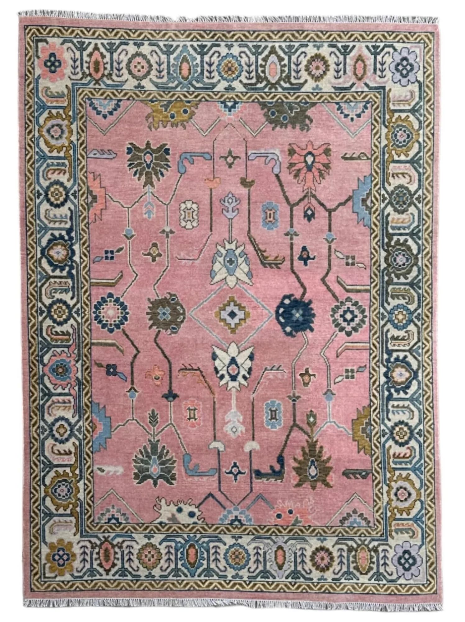Handknotted Traditional Pink Oriental Area Rug with Geometric Floral Motifs & Multi-Color Border