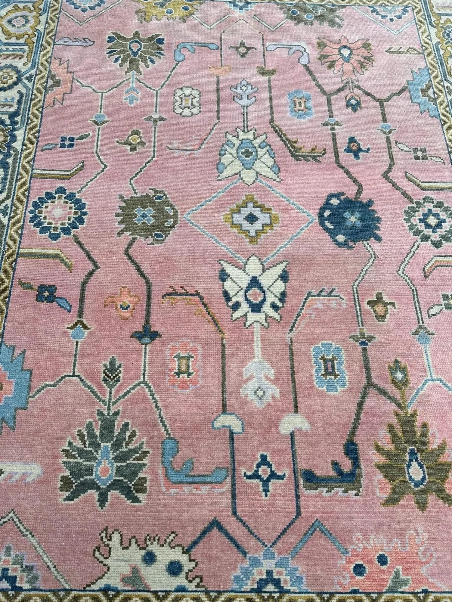 Handknotted Traditional Pink Oriental Area Rug with Geometric Floral Motifs & Multi-Color Border thumbnail 5