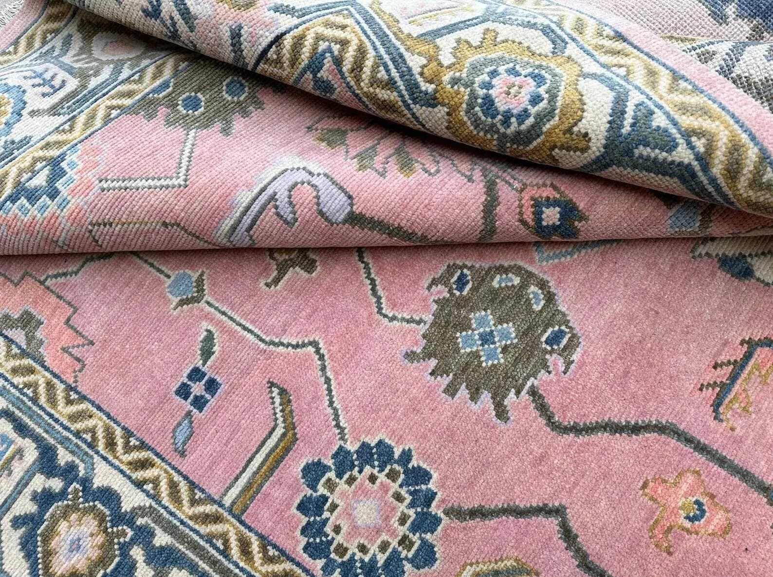 Handknotted Traditional Pink Oriental Area Rug with Geometric Floral Motifs & Multi-Color Border thumbnail 7
