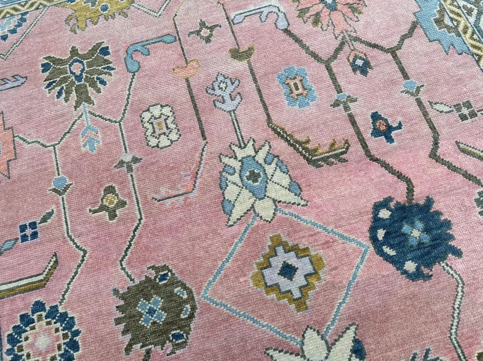 Handknotted Traditional Pink Oriental Area Rug with Geometric Floral Motifs & Multi-Color Border thumbnail 2
